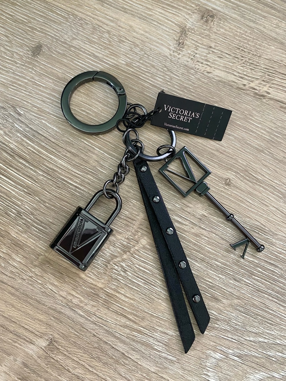 Victoria's Secret Black & Gunmetal Keyring with Lock, Key & Leather Tassels
